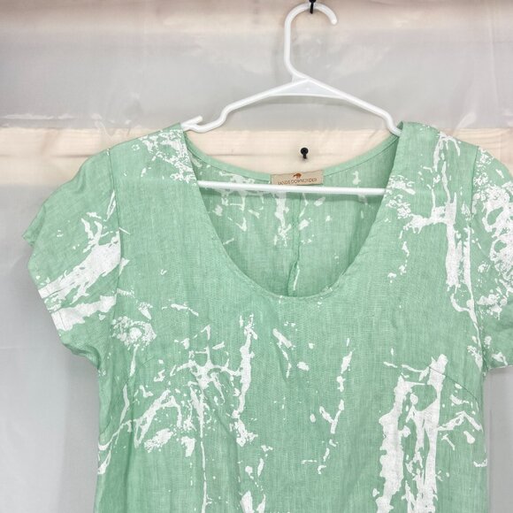 Lands Downunder Women S 100% Linen Dress Italy Green Abstract Print Side Slits - Picture 2 of 9